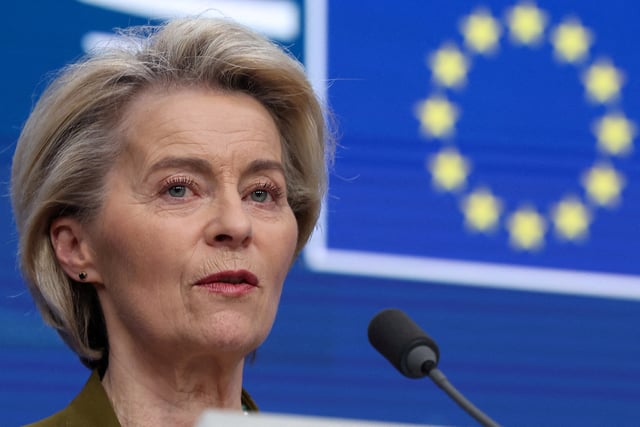 European Commission President Ursula Von der Leyen looks on during a press conference with European Council President Antonio Costa (not pictured), on the day of a European Union summit in Brussels, Belgium March 20, 2025. REUTERS/Yves Herman/File Photo