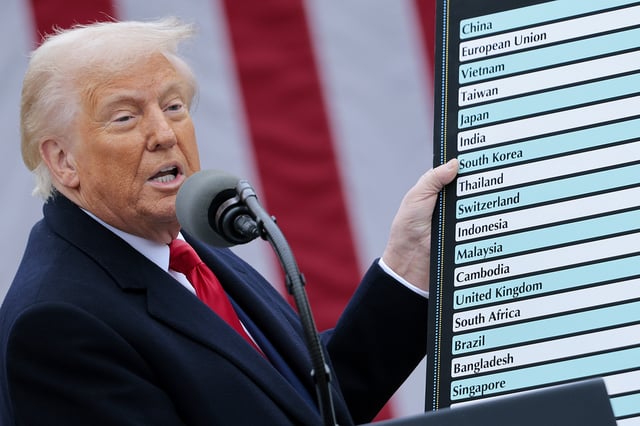President Donald Trump holds up a chart while speaking during a “Make America Wealthy Again” trade announcement event in the Rose Garden at the White House on April 2, 2025, in Washington, D.C.