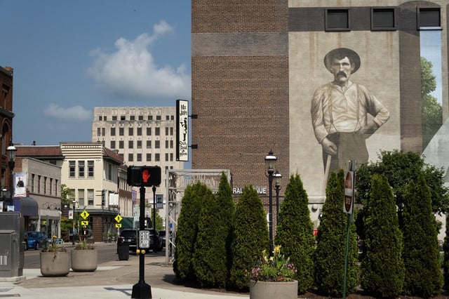 A mural covers the side of a downtown building on July 23, 2024 in Middletown, Ohio. Middletown, which has a population of around 51,000 residents, is where Republican vice presidential candidate Ohio Senator JD Vance was raised and attended high school.