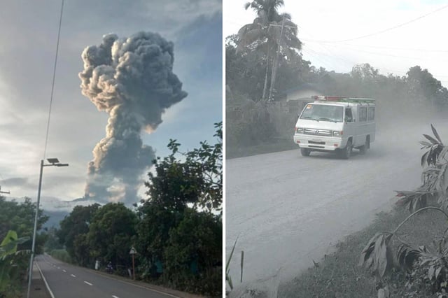 Left: An explosive eruption occurs at the summit vent of Mount Kanlaon, as seen from Bago City, Negros Occidental province, Philippines on Tuesday April 8, 2025. Right: A vehicle negotiates a road covered with volcanic ash at Bago City, Negros Occidental province, Philippines on Tuesday Dec. 10, 2024, a day after an eruption of Mount Kanlaon.