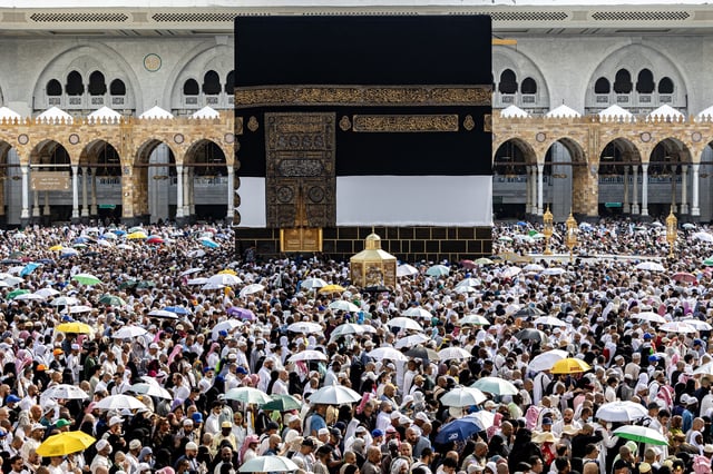 Muslim pilgrims at the Grand Mosque in the holy city of Mecca, Saudi Arabia, on June 18, 2024, at the end of the annual hajj pilgrimage.