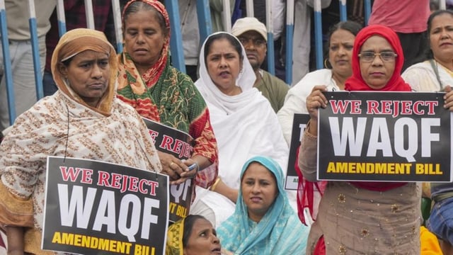 Women at a protest rally in Kolkata against the Waqf (Amendment) Bill.