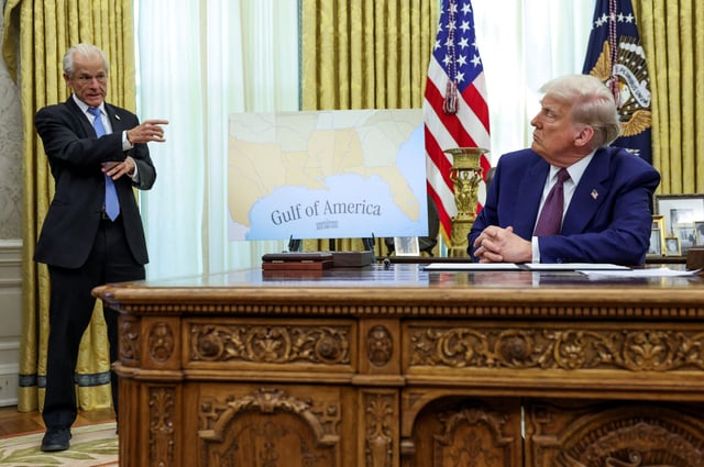 Senior trade adviser Peter Navarro speaks next to U.S. President Donald Trump in the Oval Office of the White House, on the day Trump signs executive orders for reciprocal tariffs, in Washington, D.C., U.S., February 13, 2025.