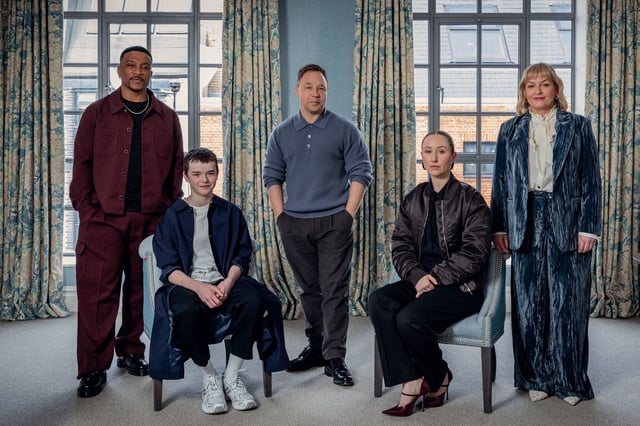 Adolescence. (L to R) Ashley Walters, Owen Cooper, Stephen Graham, Erin Doherty, Christine Tremarco. 