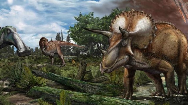 Reconstruction of a late Maastrichtian (~66 million years ago) palaeoenvironment in North America, where a floodplain is roamed by dinosaurs like Tyrannosaurus rex, Edmontosaurus annectens and Triceratops prorsus.