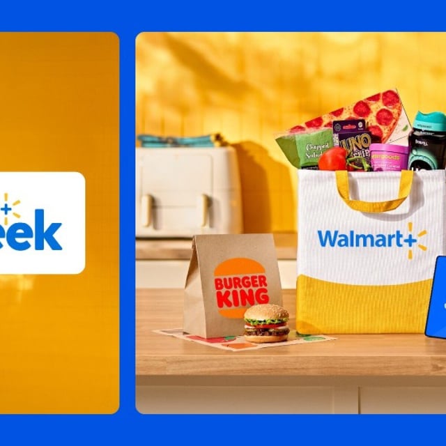 A Walmart+ Week logo and a Walmart bag full of groceries