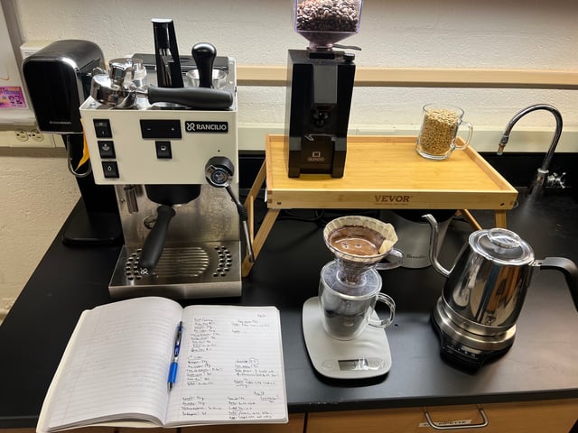The coffee-making station in the Mathijssen lab at the University of Pennsylvania. The group determined the best pouring strategies to maximize coffee production while minimizing bean use when making pour-over coffee.