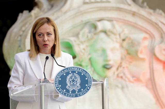 Italian Prime Minister Giorgia Meloni speaks as she attends the "master of the art of Italian cuisine award" ceremony at Palazzo Chigi, in Rome, Italy, April 2, 2025. REUTERS/Remo Casilli/File Photo