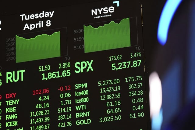 A screen displays financial information on the floor at the New York Stock Exchange in New York, Tuesday, April 8, 2025. 