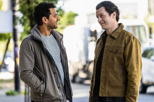 Karan Soni as Naveen Gavaskar and Jonathan Groff as Jay Kurundkar in "A Nice Indian Boy."
