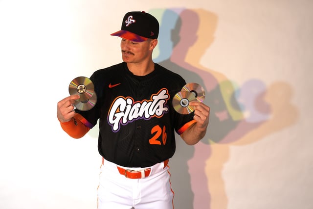 Matt Chapman #26 of the San Francisco Giants poses in the new City Connect jersey on February 18, 2025 in Scottsdale Arizona for the April 8, 2025 uniform launch at Oracle Park in San Francisco, California.
