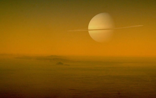 Artist's concept of Titan's seas with Saturn in the distance (Credit: NASA/JPL-Caltech/Space Science Institute, Processed by K. M. Gill).