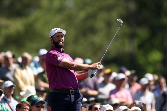 AUGUSTA, GEORGIA - APRIL 08: Jon Rahm of Spain plays his shot from the 12th tee during a practice round prior to the 2025 Masters Tournament at Augusta National Golf Club on April 08, 2025 in Augusta, Georgia.