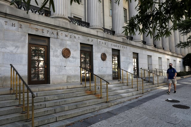 Signage is seen at the United States Department of the Treasury headquarters in Washington, D.C., U.S., August 29, 2020. REUTERS/Andrew Kelly/File Photo