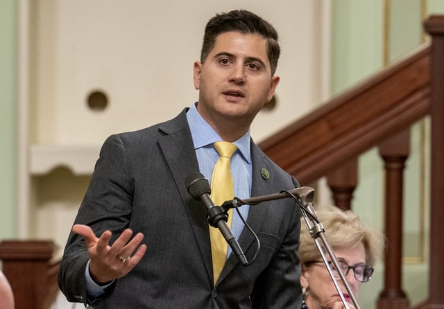 FILE - Former assembly member Bill Essayli, of Riverside, speaks on a bill before the Assembly at the Capitol in Sacramento, Calif., Thursday, June 1, 2023. (AP Photo/Rich Pedroncelli,File)