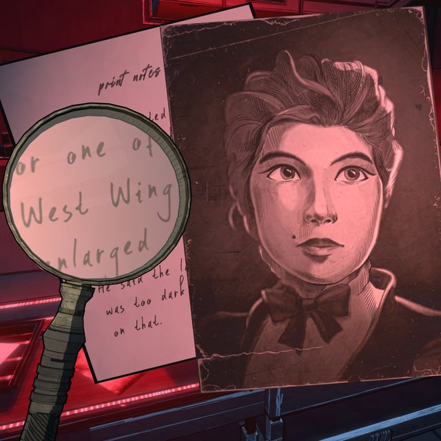 A magnifying glass looking at a note and a photo of a woman in a dark room