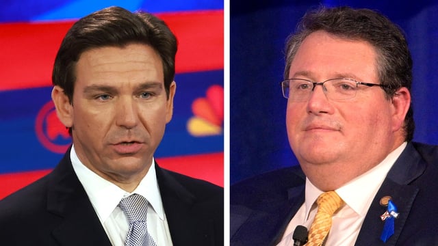 Gov. Ron DeSantis, left, and U.S. Rep. Randy Fine, R-Fla., used to be close political allies. Now, they are political enemies.  (Joe Raedle/Getty Images and Phelan M. Ebenhack/Associated Press)