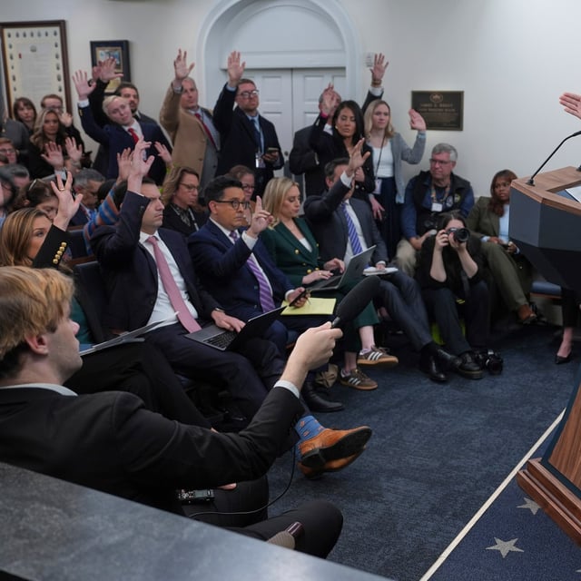 White House press secretary Karoline Leavitt speaks with reporters in the James Brady Press Briefing Room at the White House, Tuesday, April 8, 2025, in Washington. (AP Photo/Evan Vucci)