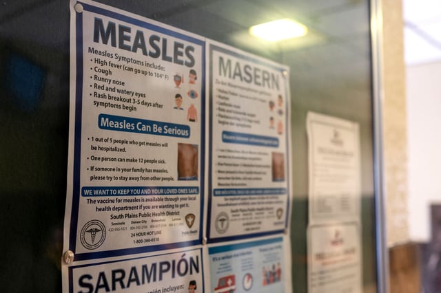 Signs inform people of measles prevention and testing at the Gaines County Court House in Seminole, Texas, U.S. April 6, 2025. Justin Rex for The Texas Tribune via REUTERS  
NO RESALES. NO ARCHIVES. MANDATORY CREDIT. THIS IMAGE HAS BEEN SUPPLIED BY A THIRD PARTY