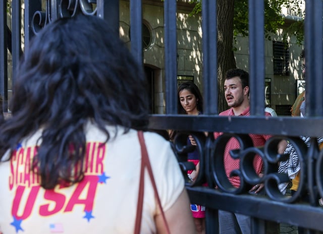 NEW YORK, UNITED STATES - JUNE 01: Columbia University student Mahmoud Khalil (R) talks to the press during the press briefing organized by Pro-Palestinian protesters who set up a new encampment at Columbia University's Morningside Heights campus on Friday evening, in New York City, United States on June 01, 2024. (Photo by Selcuk Acar/Anadolu via Getty Images)