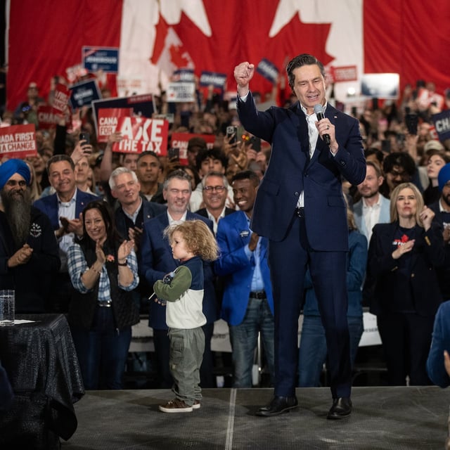 Conservative Party Leader Pierre Poilievre speaks at a rally during a campaign stop in Edmonton on Monday April 7, 2025. THE CANADIAN PRESS/Jason Franson