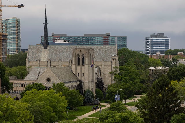 Campus buildings and downtown Evanston, Illinois, near Northwestern University on July 11, 2023.