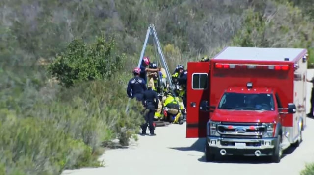 San Diego Fire-Rescue pulled a woman from a storm drain in Poway Monday, April 7, 2025.

