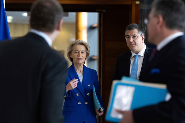 European Commission President Ursula von der Leyen arrives for the weekly college of commissioners meeting at EU headquarters in Brussels, Wednesday, April 9, 2025.