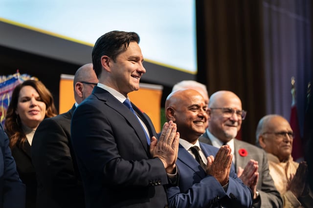 Pierre Poilievre at a Diwali event hosted by former Overseas Friends of BJP Ottawa leader Shiv Bhasker (to his immediate left), now president of Overseas Friends of India Canada.
