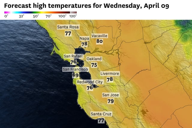 High temperatures will be about 5 to 10 degrees above normal in the Bay Area on Wednesday as a high pressure system builds across California. A cool sea breeze will continue along the coast, with patchy fog possibly returning overnight.