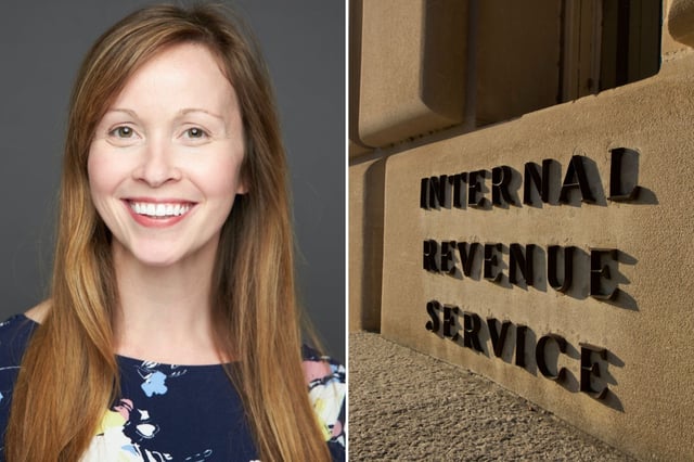 Melanie Krause (left) and the Internal Revenue Service headquarters building (right) in downtown Washington.
