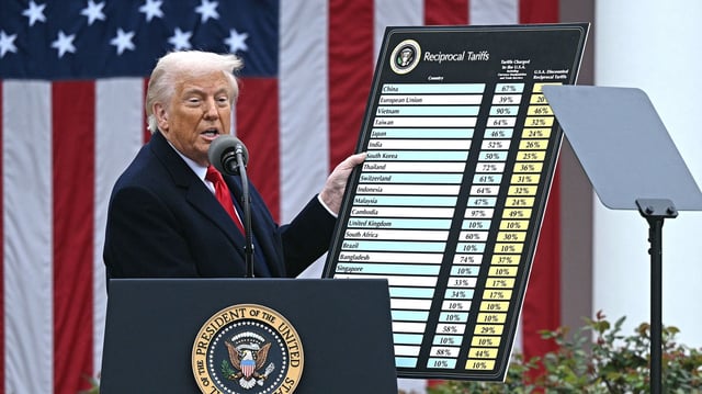 US President Donald Trump holds a chart as he delivers remarks on reciprocal tariffs during an event in the Rose Garden entitled "Make America Wealthy Again" at the White House in Washington, DC, on April 2, 2025. 