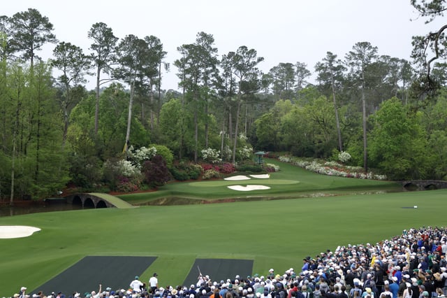 A general view as Amateur Evan Beck of the United States plays his shot from the 12th tee during a practice round prior to the 2025 Masters Tournament at Augusta National Golf Club on April 07, 2025 in Augusta, Georgia. Photo by Michael Reaves/Getty Images
