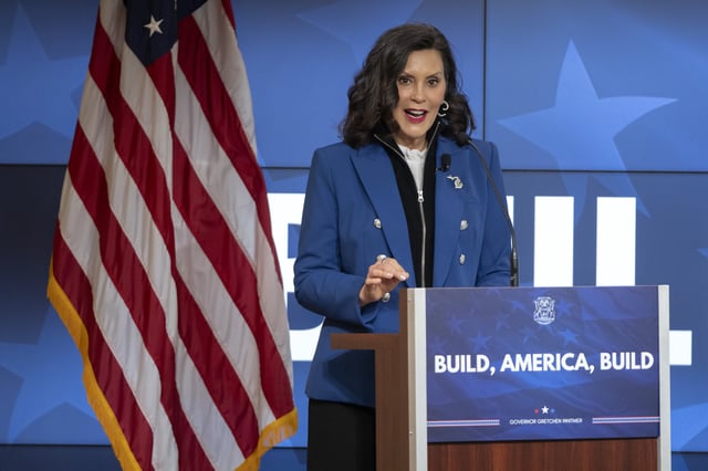 Michigan Gov. Gretchen Whitmer gives a policy speech at an event on Wednesday, April 9, 2025, in Washington. (AP Photo/Mark Schiefelbein)