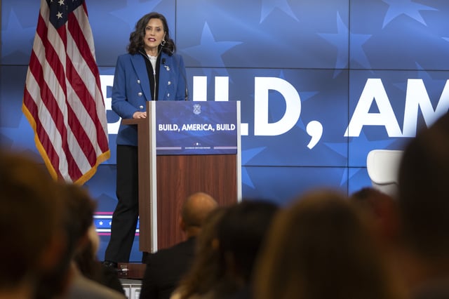 Michigan Gov. Gretchen Whitmer gives a policy speech at an event on Wednesday, April 9, 2025, in Washington. (AP Photo/Mark Schiefelbein)