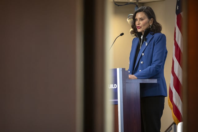 Michigan Gov. Gretchen Whitmer gives a policy speech at an event on Wednesday, April 9, 2025, in Washington. (AP Photo/Mark Schiefelbein)