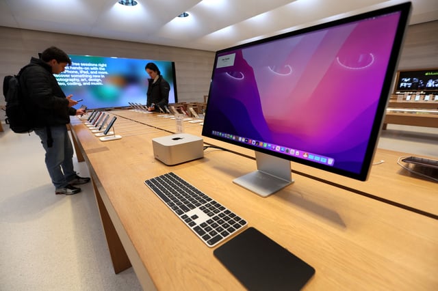 The new Apple Mac Studio computer and Studio Display are displayed shortly after going on sale at the Apple Store on 5th Avenue in Manhattan, in New York City, New York, U.S., March 18, 2022. REUTERS/Mike Segar/ File Photo