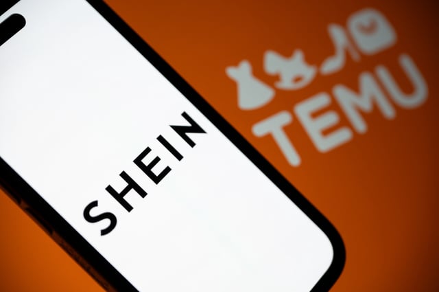 A photo illustration shws the Shein and Temu logos in London, England on February 20, 2025.