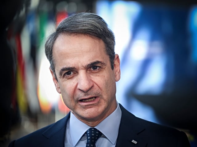 Prime Minister of Greece Kyriakos Mitsotakis attends the special EU leaders meeting, with the head of states and the President of Ukraine Volodymyr Zelenskyy. The Greek PM does a statement and talks to journalist of the media and the press upon his arrival at the Emergency Summit on Ukraine and Defence. Brussels, Belgium on March 6, 2025 (Photo by Nicolas Economou/NurPhoto via Getty Images)