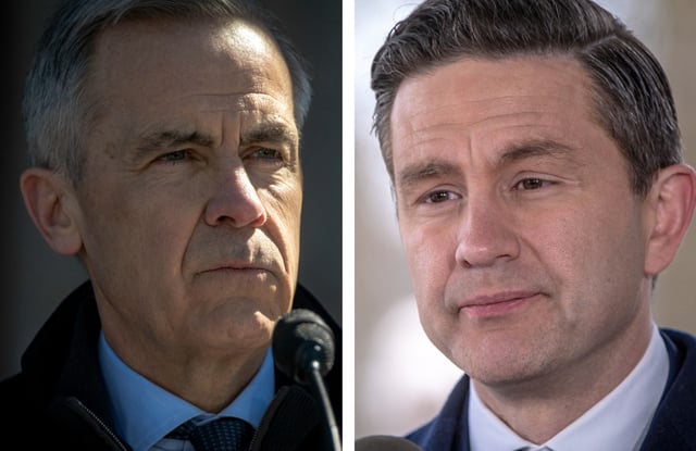 (Left) Canadian Prime Minister Mark Carney calls for a snap election after speaking with Mary Simon, the Governor General of Canada, on March 23, 2025 in Ottawa, Canada. (Right) Canadian Conservative leader Pierre Poilievre speaks during a campaign event in Trois-Rivieres, Quebec, Canada on April 4, 2025