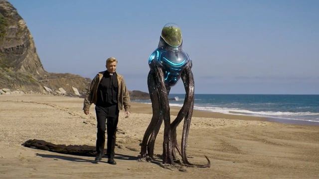 A man walks with a squid-like robot in Love, Death + Robots Season 4