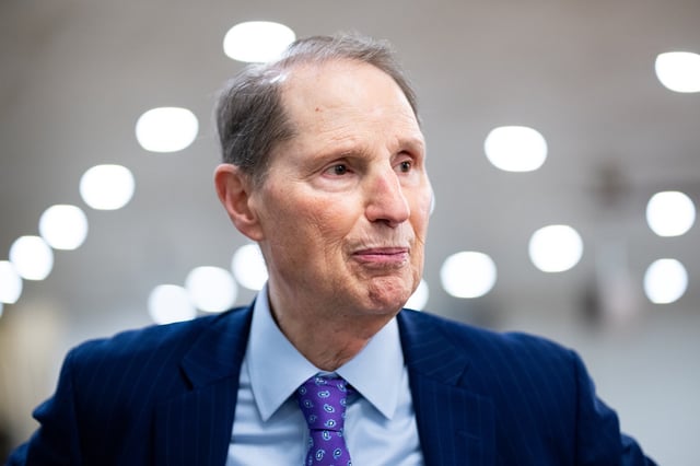 UNITED STATES - APRIL 8: Sen. Ron Wyden, D-Ore., speaks to a reporter in the Senate subway in the Capitol on Tuesday, April 8, 2025. (Bill Clark/CQ-Roll Call, Inc via Getty Images)