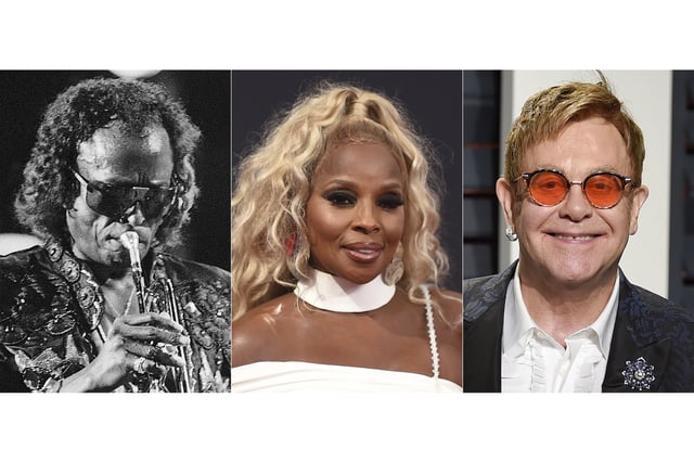 This combination of photos show Musicians Miles Davis, from left, Mary J. Blige and Elton John. (AP Photo)