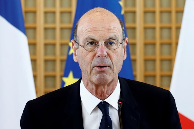 French Minister for Economy, Finance, Industrial and Digital Security Eric Lombard is seen before a meeting with main economic actors over Trump tariffs, at the Bercy Economy and Finance Ministry in Paris in Paris, France, April 9, 2025. REUTERS/Abdul Saboor