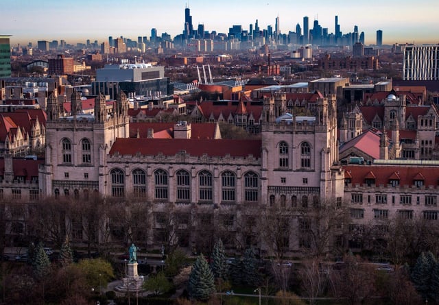 Aerial view of the University of Chicago campus in the Hyde Park neighborhood of Chicago on April 10, 2024. (E. Jason Wambsgans/Chicago Tribune)