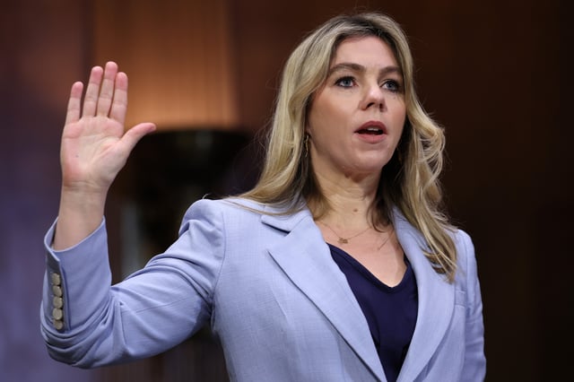 WASHINGTON, DC - APRIL 09: Sarah Wynn-Williams, former Director of Global Public Policy at Facebook, is sworn in before testifying during a Senate Judiciary Committee hearing in the Dirksen Senate Office Building on Capitol Hill on April 09, 2025 in Washington, DC. In a memoir published last month, Wynn-Williams detailed allegations of misconduct and sexual harassment at Facebook and claimed the company undermined U.S. national security in dealings with the Chinese government. (Photo by Win McNamee/Getty Images)