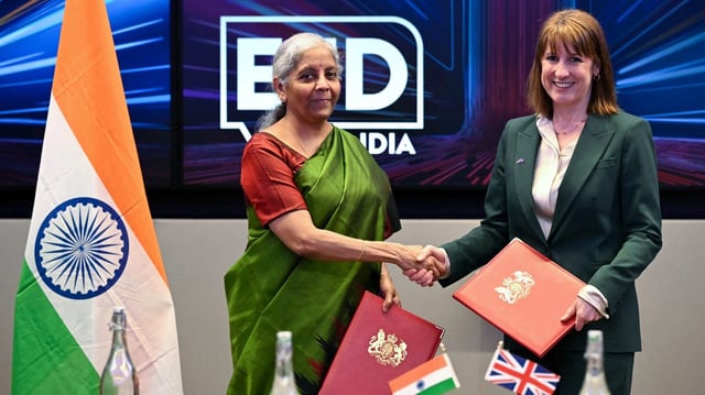 Rachel Reeves, the chancellor, at the London Stock Exchange after talks with her Indian counterpart, Nirmala Sitharaman, left