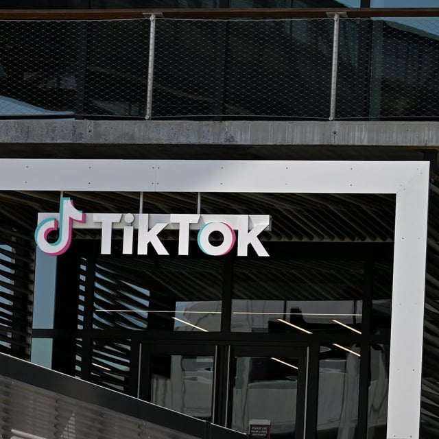 The TikTok logo is seen outside the Chinese video app company's Los Angeles offices on April 4, 2025 in Culver City, California. US President Donald Trump announced April 4, 2025 that the deadline for China's ByteDance company, which owns the popular social media app, to sell their US Tik tok operations, has been extended for a second time. (Photo by Robyn Beck / AFP) (Photo by ROBYN BECK/AFP via Getty Images)