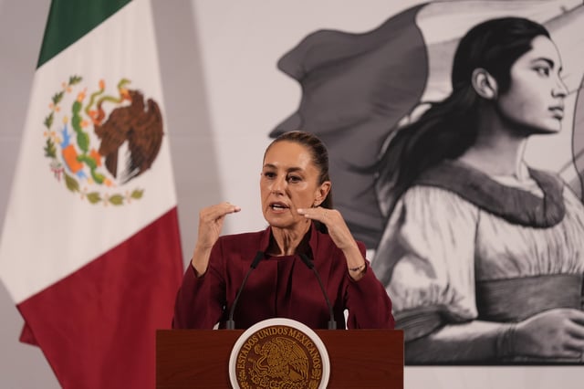 Mexican President Claudia Sheinbaum gives her morning press conference at the National Palace in Mexico City, Wednesday, April 2, 2025. (AP Photo/Marco Ugarte)