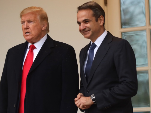 U.S. President Donald Trump poses for photos with Prime Minister of Greece Kyriakos Mitsotakis at the West Wing colonnade of the White House January 7, 2020 in Washington, DC. Prime Minister Mitsotakis is expected to discuss various issues with President Trump, including Greece’s relations with Turkey. (Photo by Alex Wong/Getty Images)